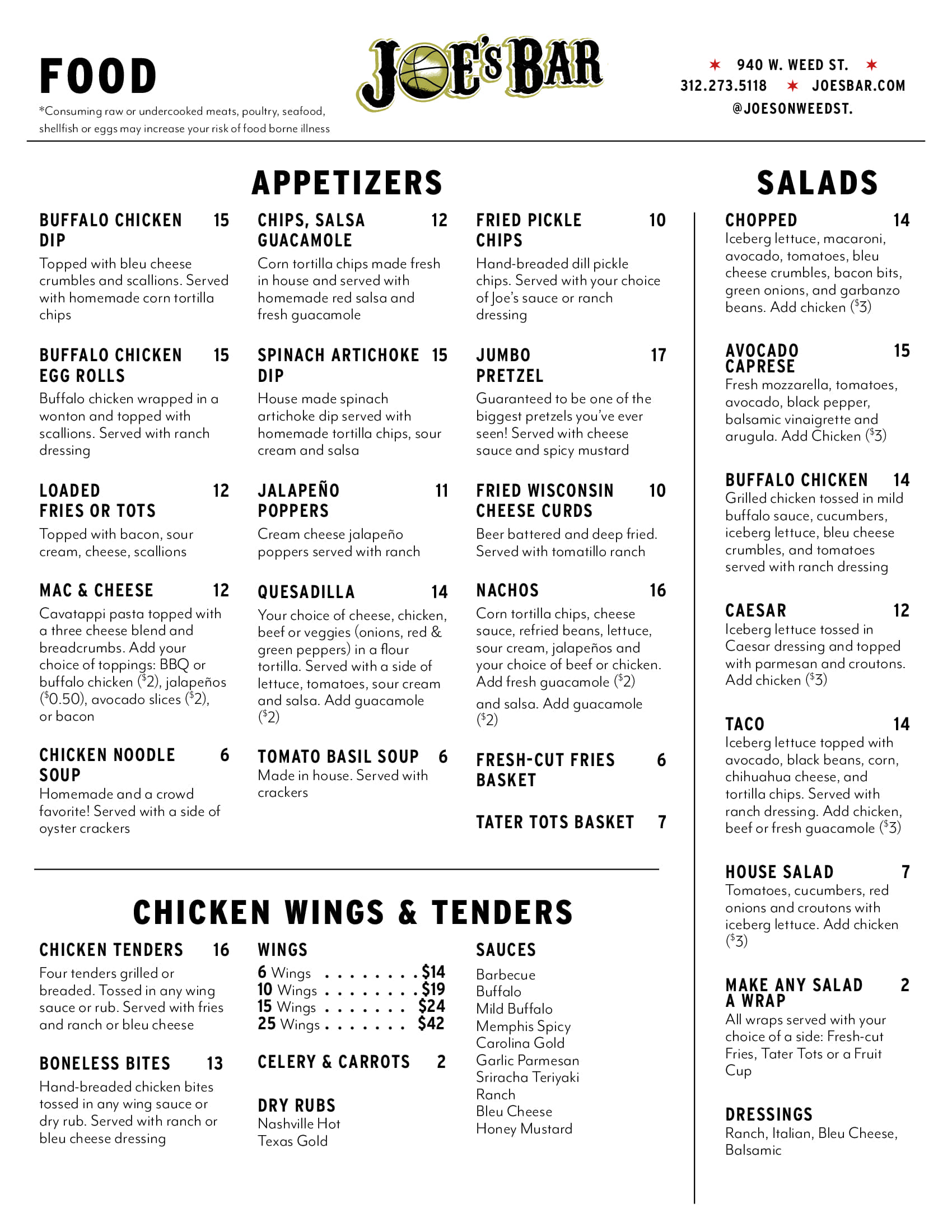 Rooftop Menu for Joe's on Weed St.