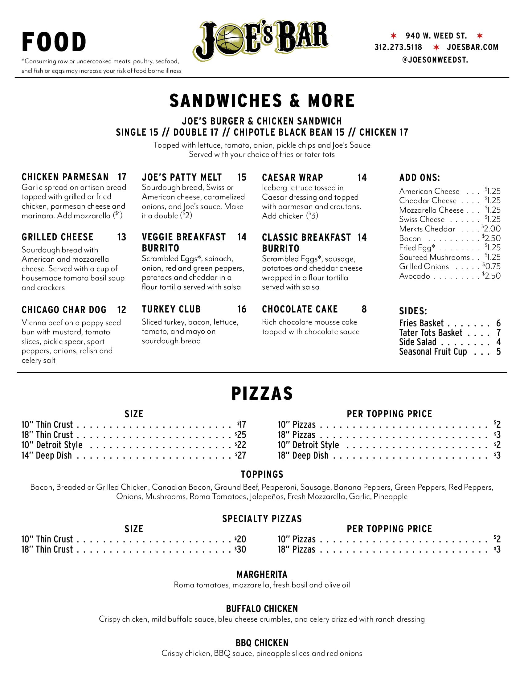 Rooftop Menu for Joe's on Weed St.