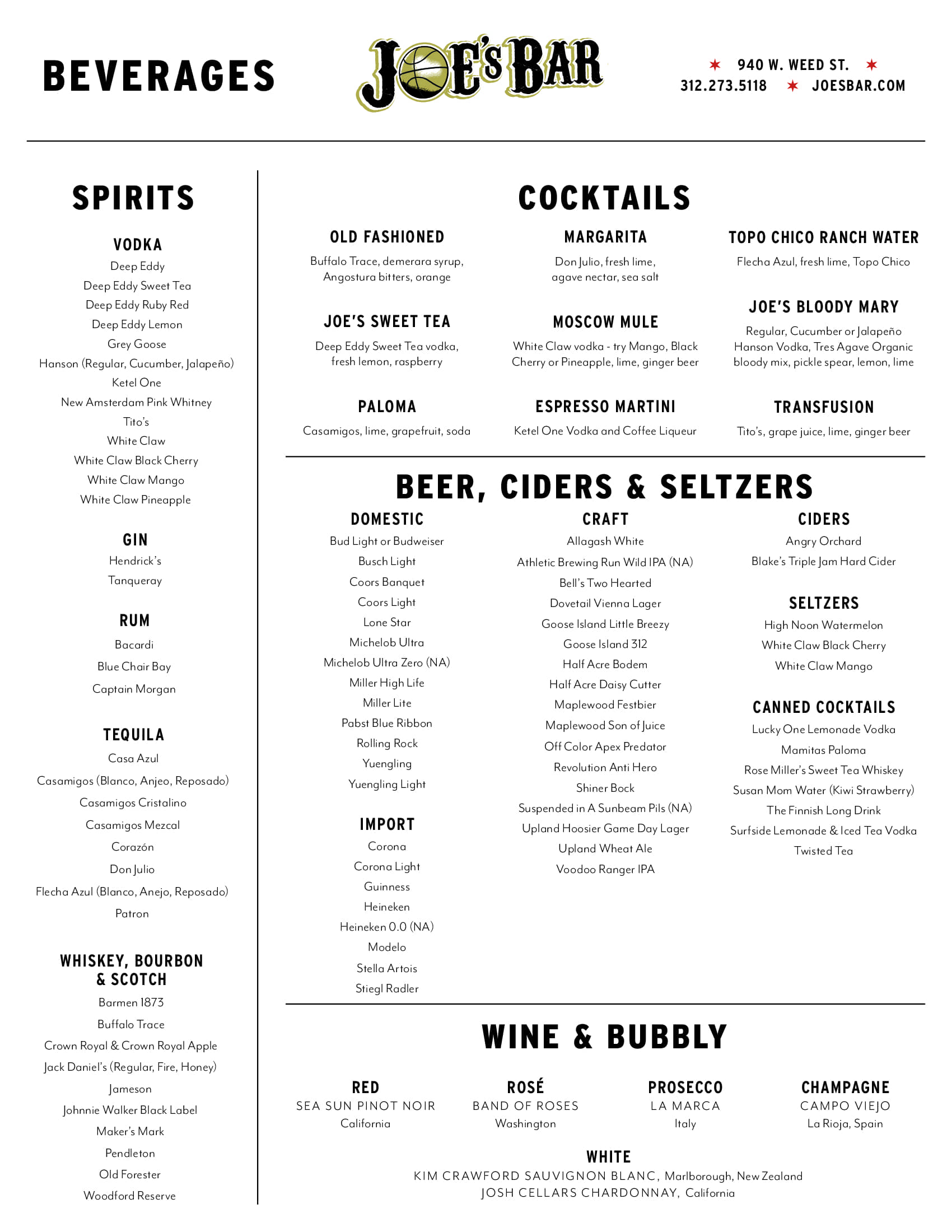 Rooftop Menu for Joe's on Weed St.