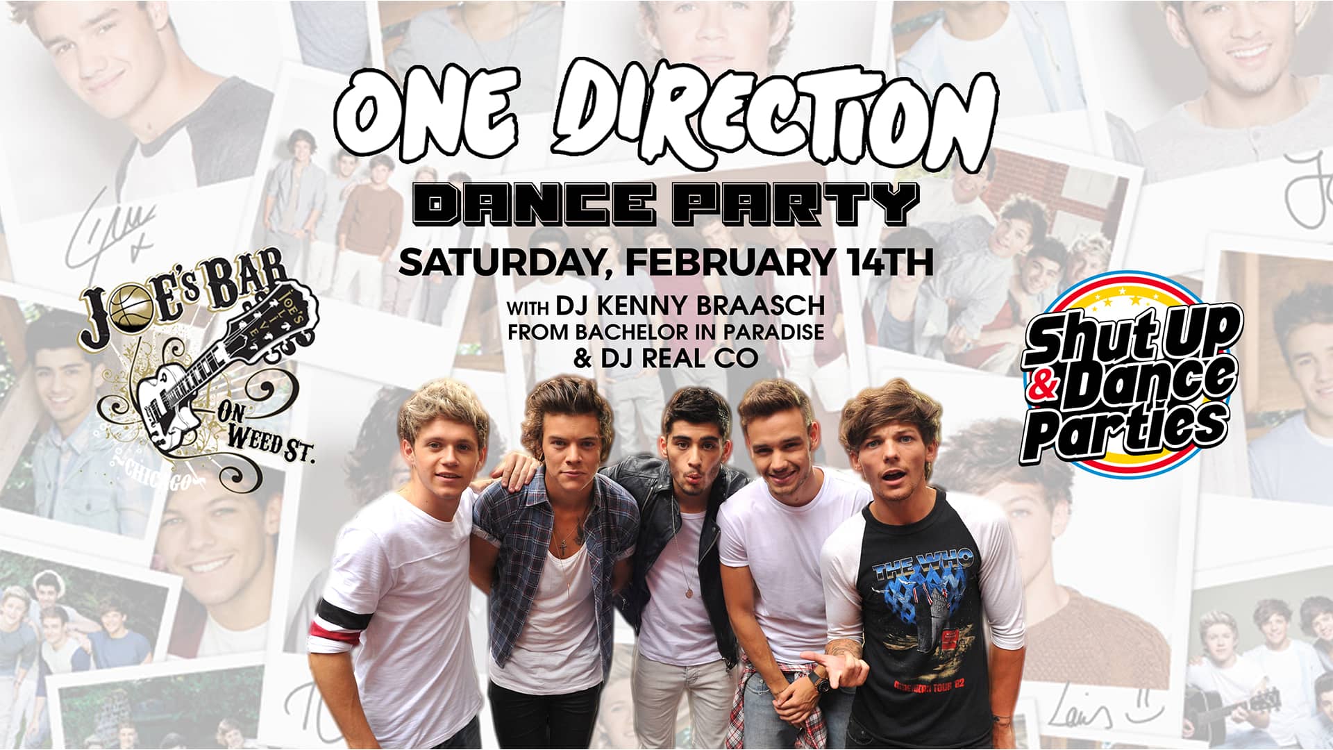 Poster for One Direction Dance Party, with DJ Kenny Braasch & DJ Real Co, on February 14, 2026 at Joe's on Weed St.