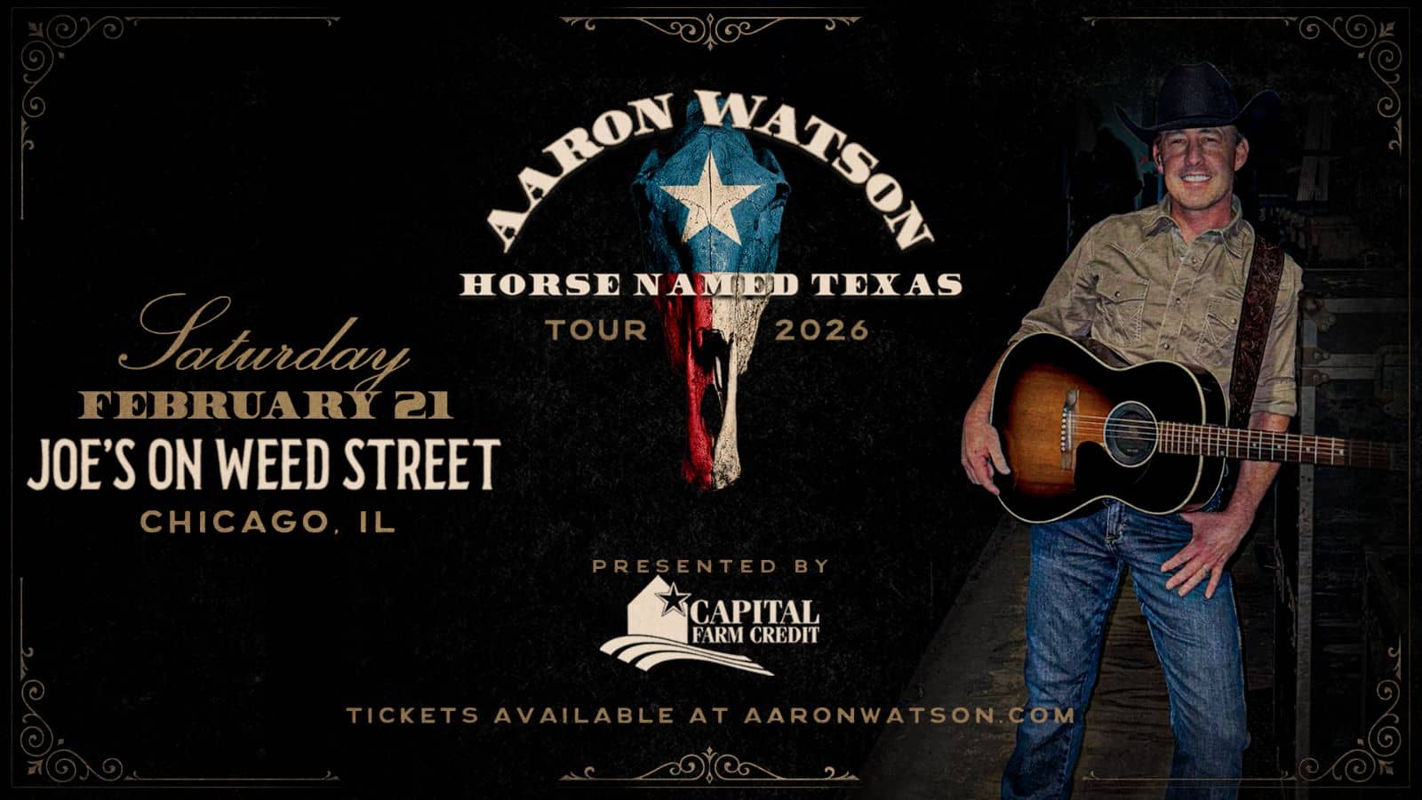 Poster for Aaron Watson on February 21, 2026 at Joe's on Weed St.