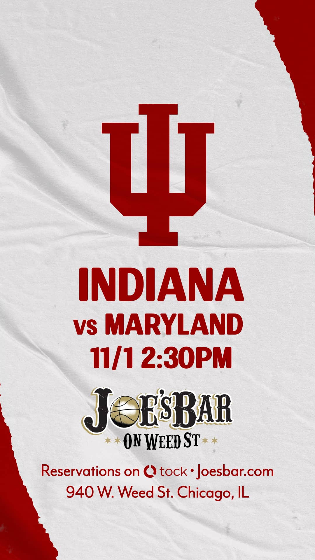 Poster to Reserve Your Table to Watch Indiana Hoosiers vs Purdue Boilermakers on November 28, 2025 at Joe's on Weed St.